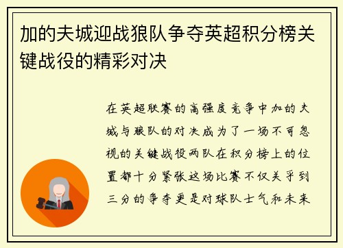 加的夫城迎战狼队争夺英超积分榜关键战役的精彩对决