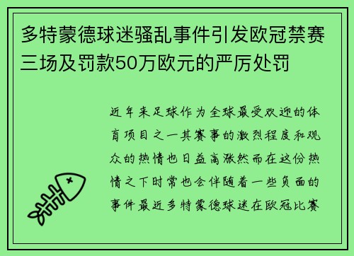 多特蒙德球迷骚乱事件引发欧冠禁赛三场及罚款50万欧元的严厉处罚
