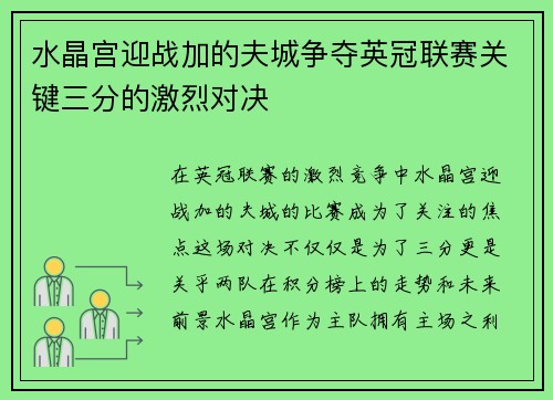 水晶宫迎战加的夫城争夺英冠联赛关键三分的激烈对决