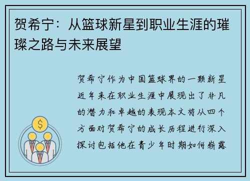 贺希宁：从篮球新星到职业生涯的璀璨之路与未来展望