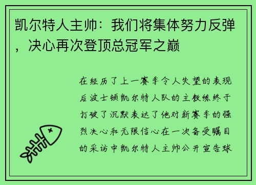 凯尔特人主帅：我们将集体努力反弹，决心再次登顶总冠军之巅