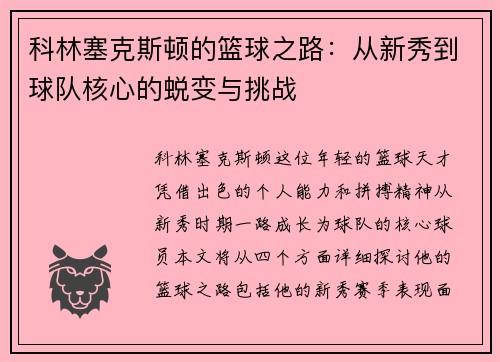 科林塞克斯顿的篮球之路：从新秀到球队核心的蜕变与挑战