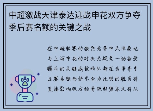 中超激战天津泰达迎战申花双方争夺季后赛名额的关键之战