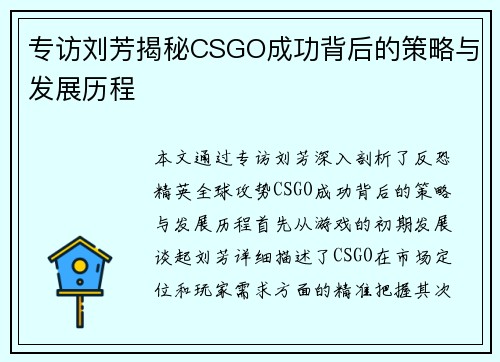 专访刘芳揭秘CSGO成功背后的策略与发展历程