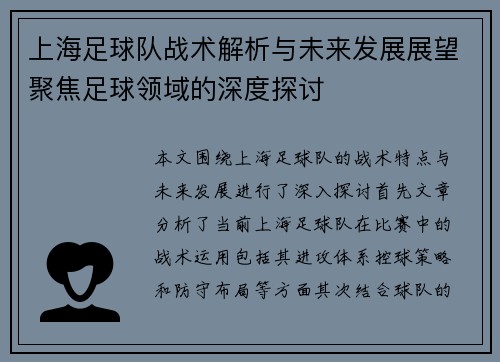 上海足球队战术解析与未来发展展望聚焦足球领域的深度探讨