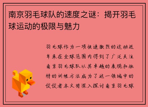 南京羽毛球队的速度之谜：揭开羽毛球运动的极限与魅力